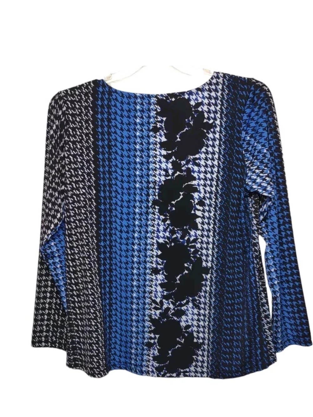 Bob Mackie Blue and Black Floral-Accent Houndstooth Long Sleeve Top - Picture 3 of 7